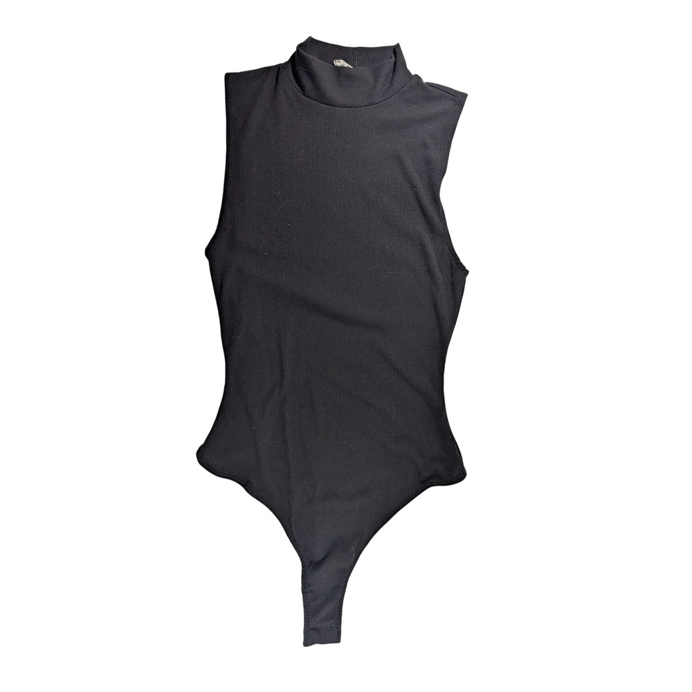 Free People Bodysuit Womens Small Black Ribbed Mock Neck Sleeveless‎ Thong Back